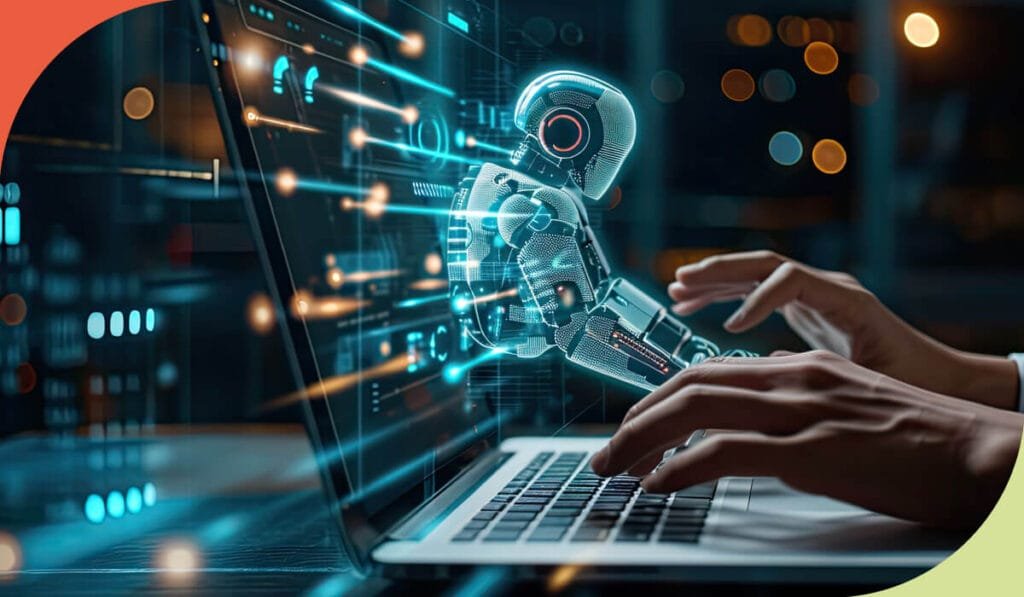 An image shows two human hands typing on a laptop. Above the laptop, there is a holographic projection of a humanoid robot with a futuristic design, made of translucent, glowing digital elements in shades of blue. The background is blurred with circular colored lights, suggesting a modern, technological environment. The edges of the image have curved details in shades of red and light green.explain holographic technologyfuture of robotics
