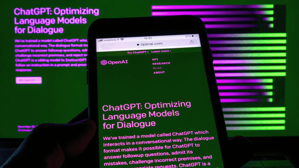 close-up of a laptop screen showing ChatGPT generating a blog article