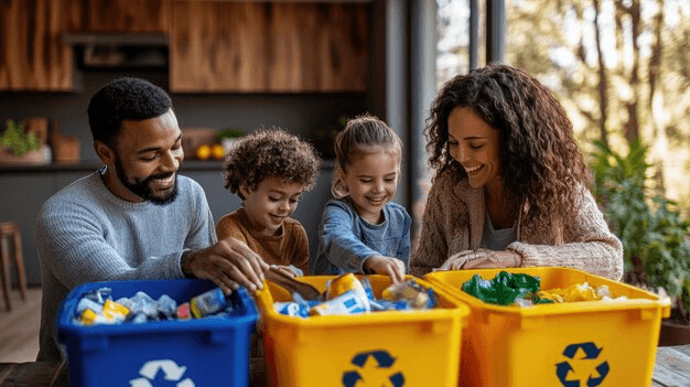 Parents and children sorting recyclable waste together at home