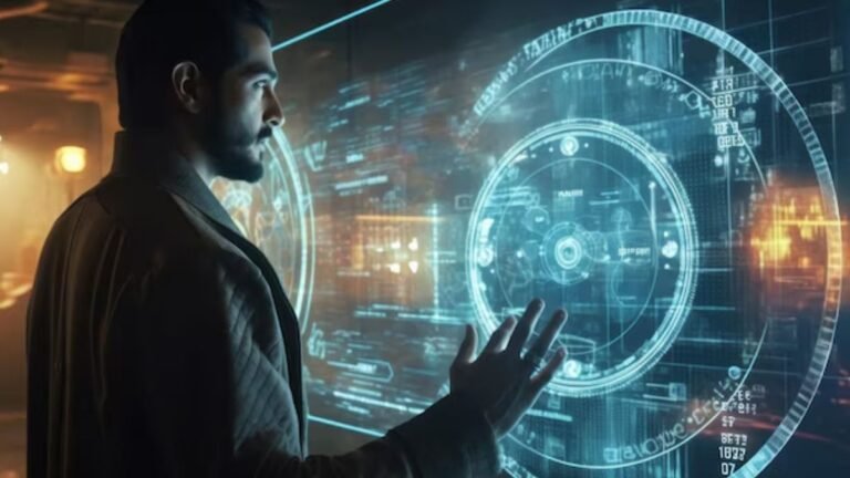 Empreendedor digital usando ferramentas de IA em uma interface holográfica para gerenciar seu negócio online.