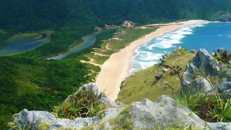 Texto Alternativo (Alt Text): Pessoa no topo de uma das trilhas em Florianópolis, olhando para o mar, como forma de aliviar o estresse e o burnout.