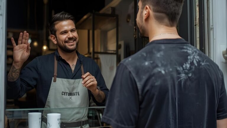 Freelancer apresentando seu portfólio para um dono de negócio, aplicando a estratégia de prospecção ativa para conseguir clientes.
