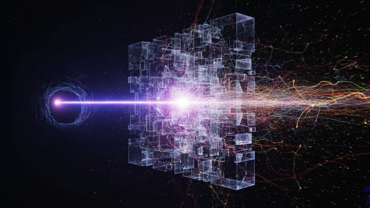 Feixe de luz concentrado representando o foco do Plano de 12 Semanas (Modo Caverna) para atingir metas de forma eficiente.