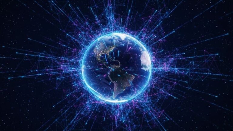 Representação visual da tecnologia e inovação, com redes de dados conectando o mundo e criando novas oportunidades na era da transformação digital.