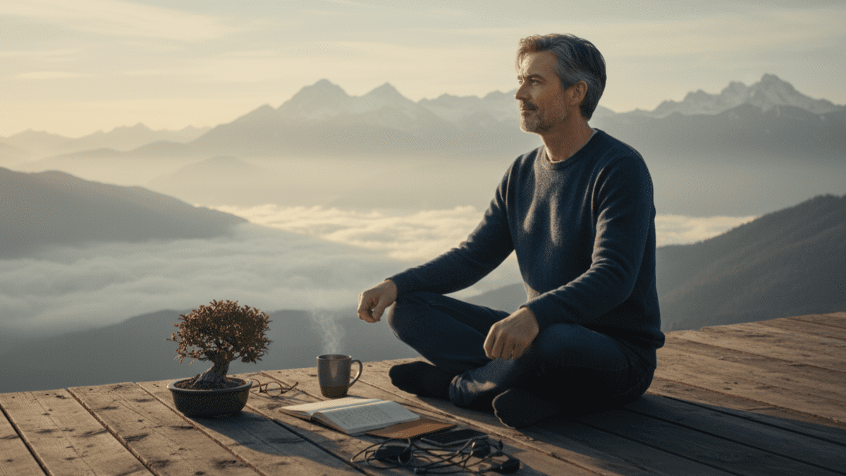 Homem com mais de 40 anos refletindo sobre as coisas que perdem o sentido, encontrando clareza mental e vivendo com mais intenção.