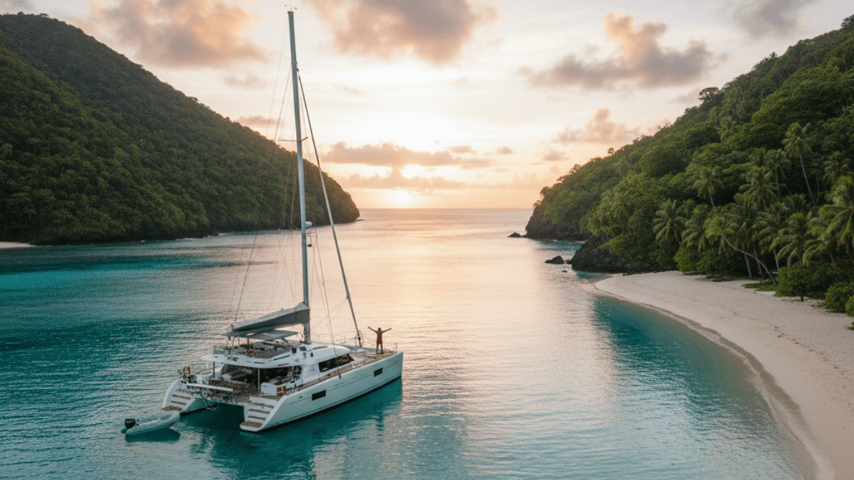 Veleiro ancorado em uma ilha, simbolizando a "Era do Acesso vs. a Era da Posse" e um estilo de vida focado em experiências em vez de acúmulo.