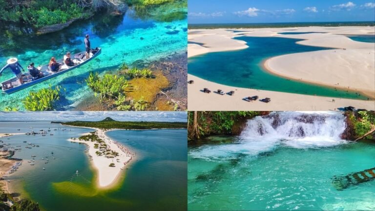 Montagem com fotos dos melhores destinos do Brasil para viajar em 2026, incluindo Jalapão, Bonito,Lençóis Maranhenses e Alter do Chão.