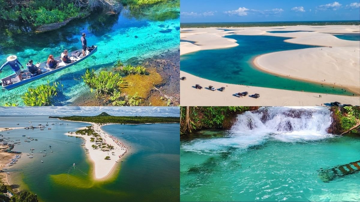 Montagem com fotos dos melhores destinos do Brasil para viajar em 2026, incluindo Jalapão, Bonito,Lençóis Maranhenses e Alter do Chão.