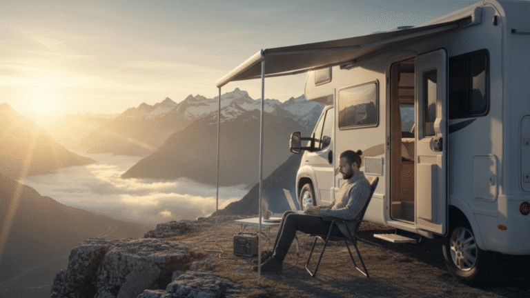 Profissional praticando o nomadismo digital em 2026, trabalhando remotamente de um motorhome com vista para a natureza.