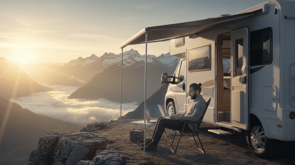 Profissional praticando o nomadismo digital em 2026, trabalhando remotamente de um motorhome com vista para a natureza.