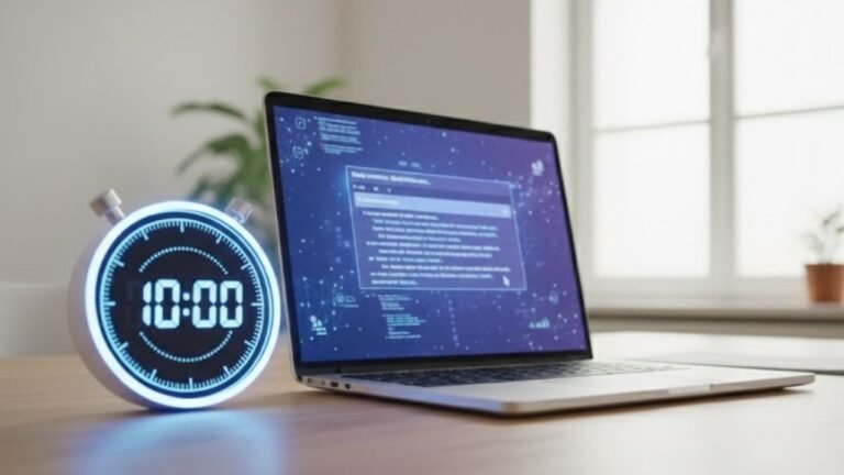 Workflow de como criar conteúdo com IA em 10 minutos, mostrando um cronômetro e um texto sendo gerado para aumentar a produtividade.