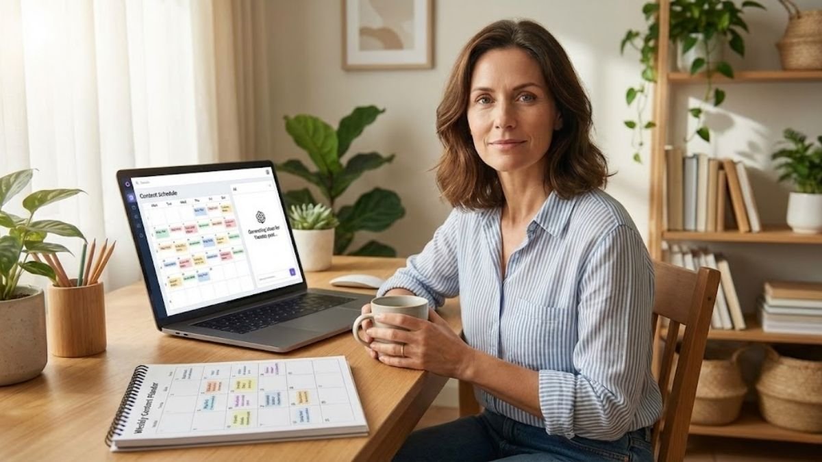 Criador de conteúdo usando um sistema de como criar conteúdos curtos diários com IA para manter a consistência e a produtividade nas redes sociais.