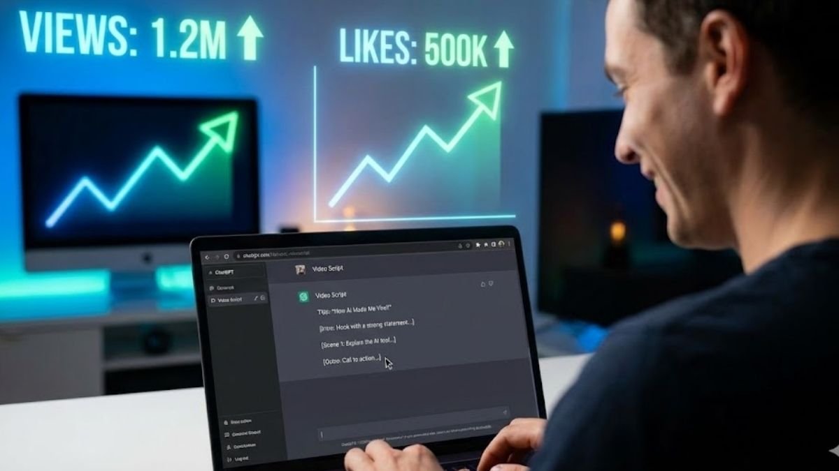 Criador de conteúdo aplicando um guia de como criar roteiros de vídeos virais com IA para aumentar o engajamento e a produtividade.