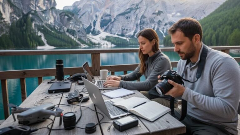 Criadores de conteúdo mostrando como ganhar dinheiro com conteúdo de viagem através de múltiplas fontes de renda, como YouTube e programas de afiliados.