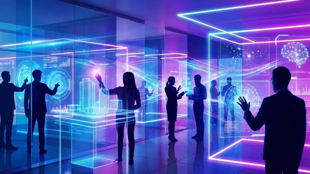 Profissionais atuando nas novas profissões que a IA criou em 2025, interagindo com tecnologia e dados em um ambiente de trabalho futurista.