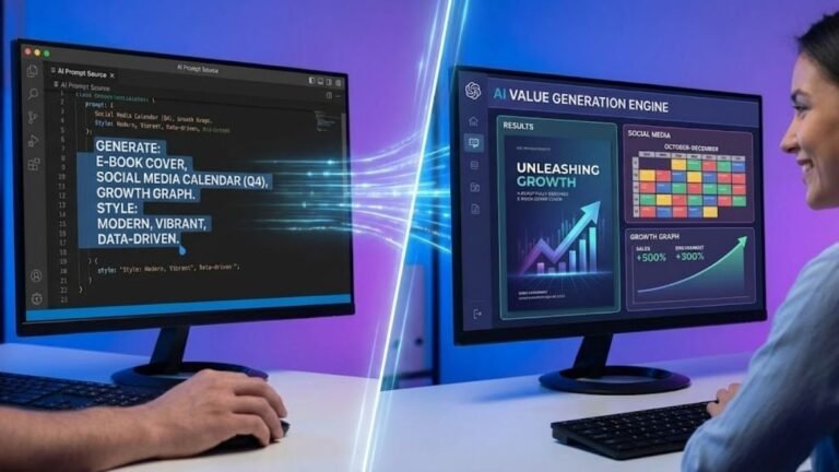 Pessoa usando uma lista de 50 prompts para ganhar dinheiro com IA para criar produtos e serviços de forma produtiva.