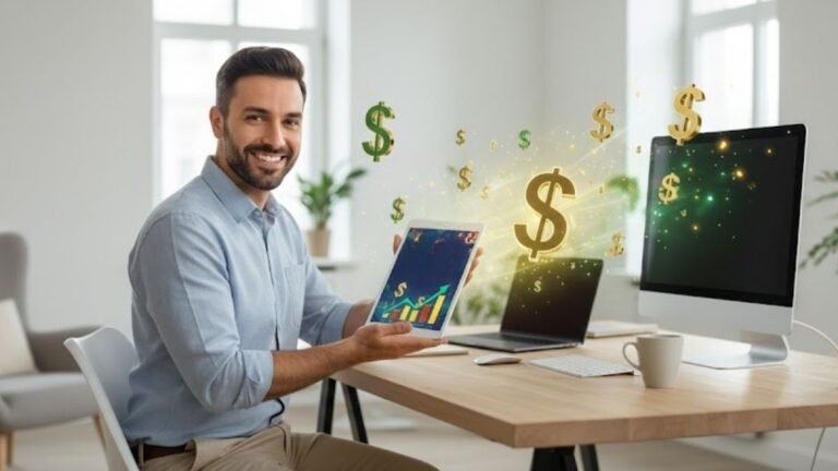 Empreendedor mostrando como ganhar uma renda extra com produtos digitais, transformando conhecimento em e-books e cursos online.