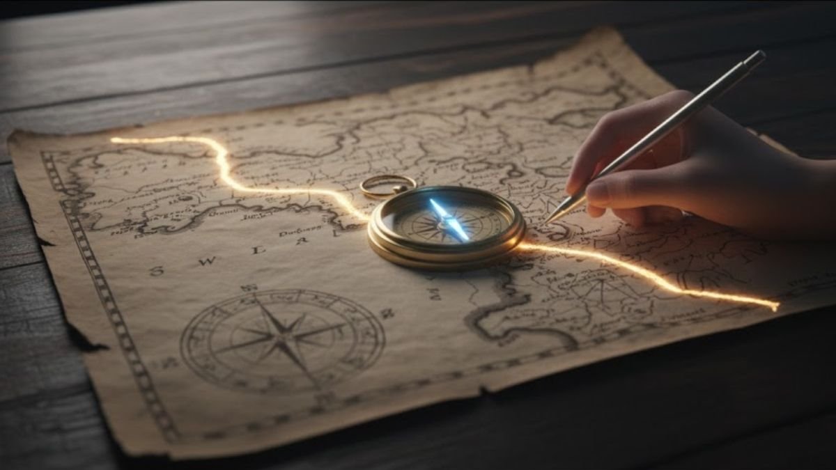 Bússola brilhante desenhando um novo caminho em um mapa antigo, simbolizando como o conhecimento muda trajetórias e cria novas possibilidades.