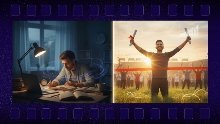 Montagem mostrando que com "disciplina hoje, resultado amanhã", o esforço consistente leva ao sucesso e à realização de objetivos.