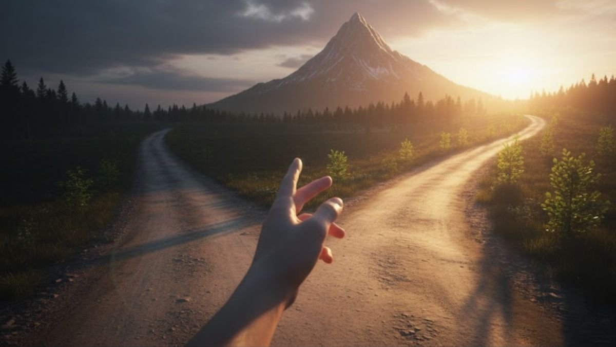 Mão escolhendo um caminho de crescimento, mostrando que evoluir é uma decisão diária e intencional.