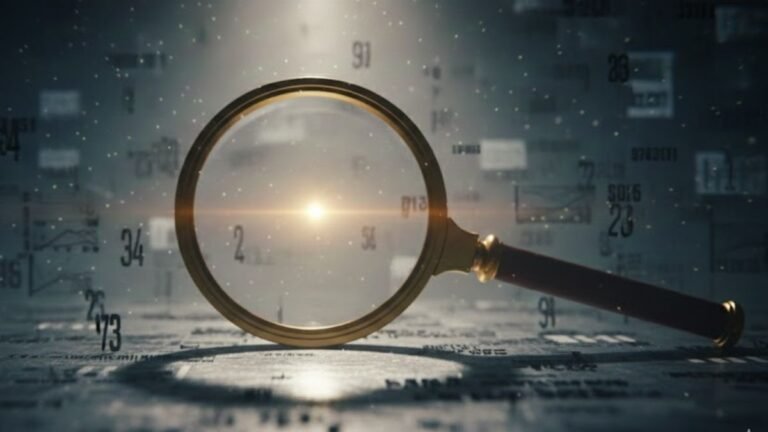 Lupa encontrando o sinal no meio do ruído, simbolizando como a informação certa, leva a uma decisão melhor através do pensamento crítico.