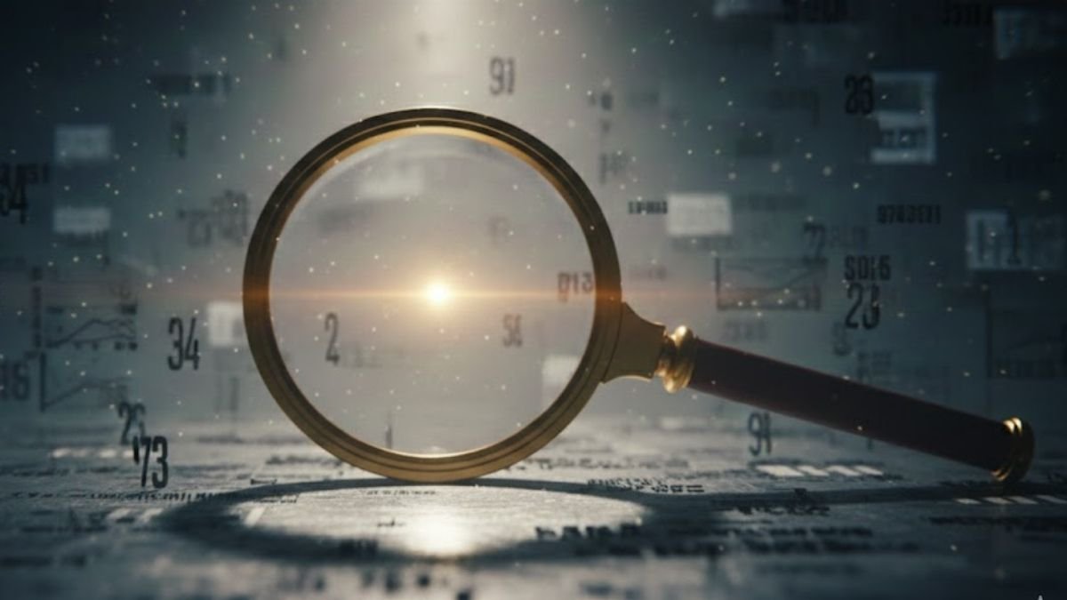 Lupa encontrando o sinal no meio do ruído, simbolizando como a informação certa, leva a uma decisão melhor através do pensamento crítico.