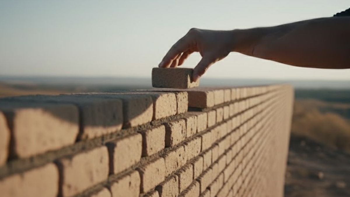 Pessoa construindo uma parede tijolo por tijolo, simbolizando como o progresso nasce do hábito e da consistência diária.