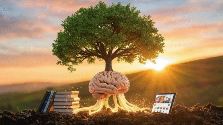 Ilustração de um cérebro se tornando uma árvore, mostrando que quem investe em conhecimento, nunca fica para trás e cresce continuamente.