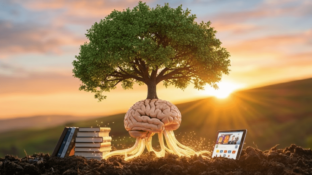 Ilustração de um cérebro se tornando uma árvore, mostrando que quem investe em conhecimento, nunca fica para trás e cresce continuamente.