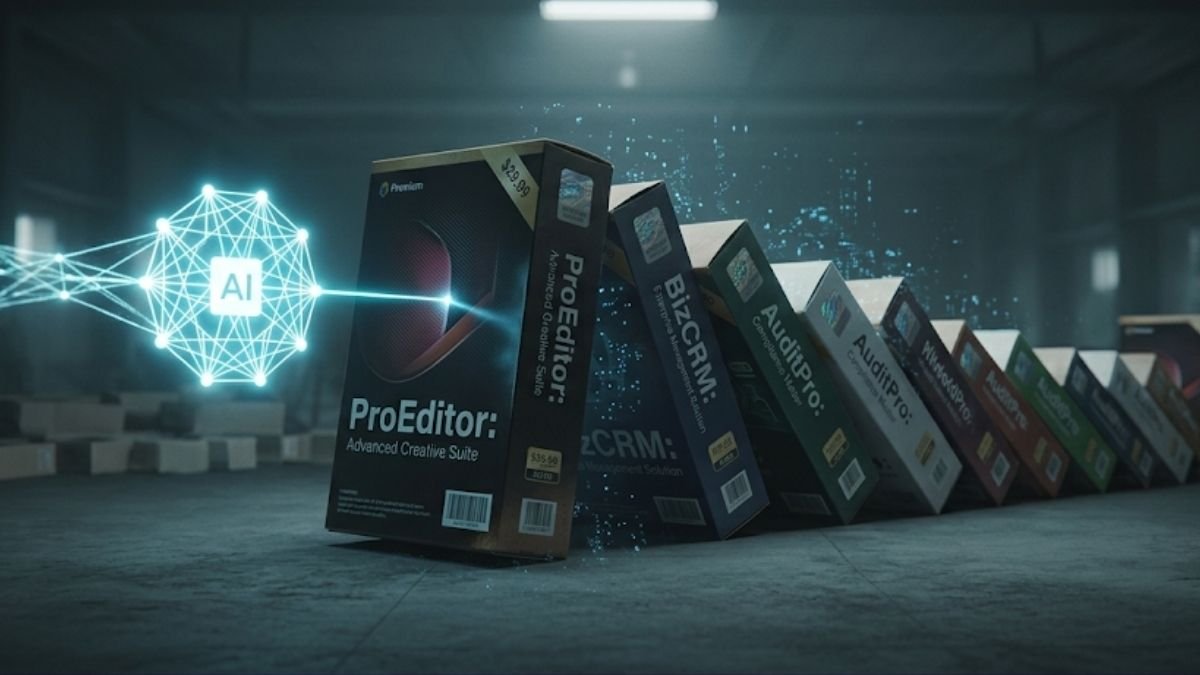 Ícone de IA derrubando uma pilha de softwares, simbolizando como as IAs que substituem softwares caros estão democratizando a tecnologia.