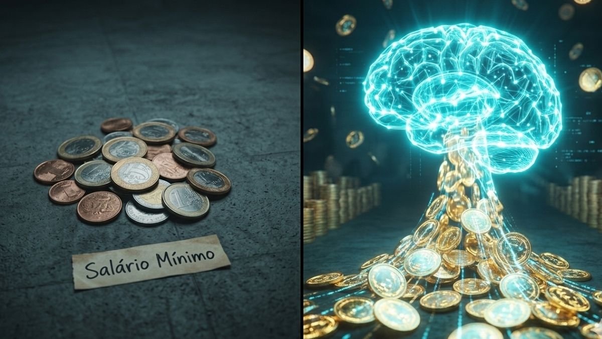 Comparação entre o salário mínimo 2026 e a renda gerada pela IA, mostrando o potencial da tecnologia para a liberdade financeira.