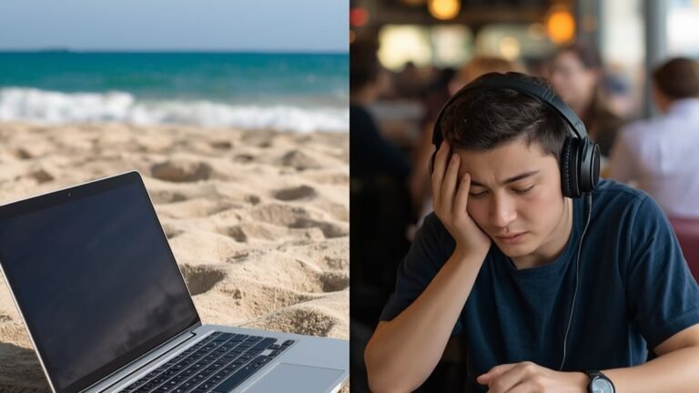 Contraste entre a expectativa e a realidade da vida de nômade digital, mostrando os desafios do trabalho remoto.