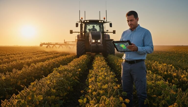 Trabalhador rural operando tecnologias de precisão no campo